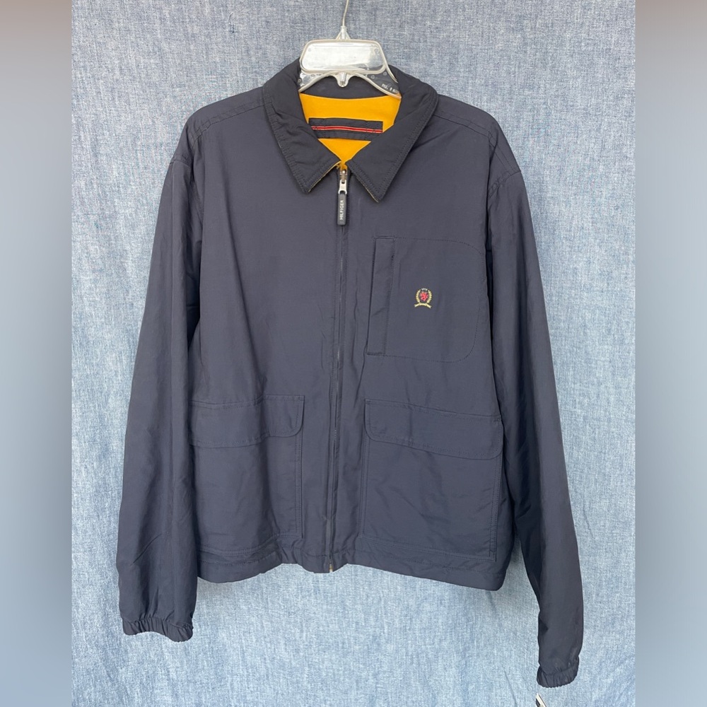 NWT Vintage Tommy Hilfiger Reversible Fleece Jacket Multi-Pocket Crest Navy Sz L